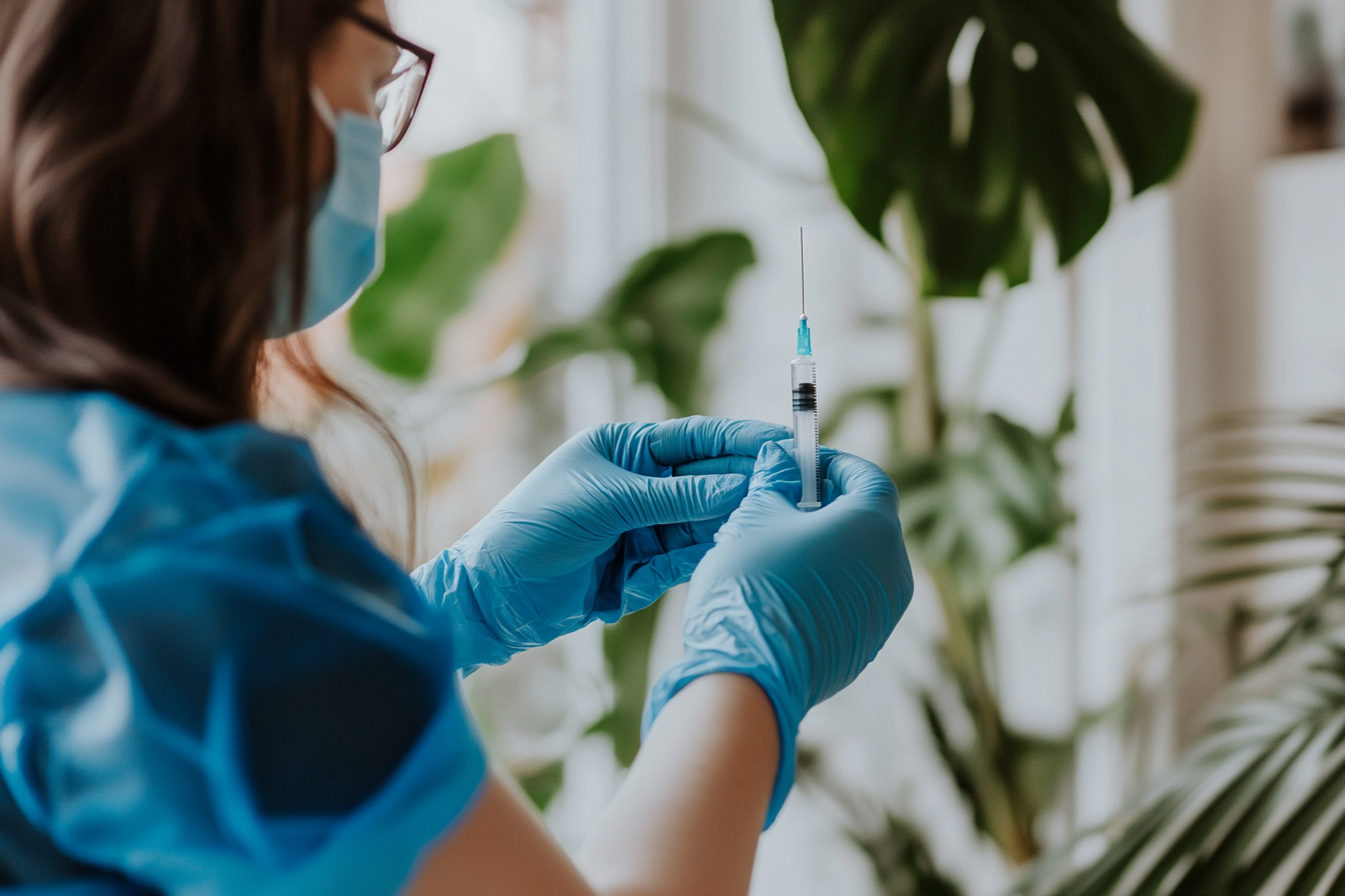 Ärztin zieht Spritze mit Arthrosamid auf