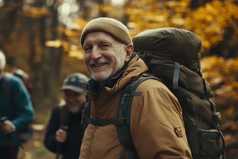 Älterer Mann mit Wanderrucksack im Wald