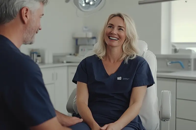 Frau sitzt lachend auf Behandlungstuhl